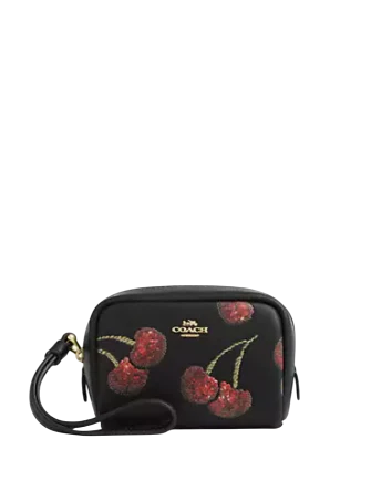 Coach Pouch Wristlet With Cherry Print Black
