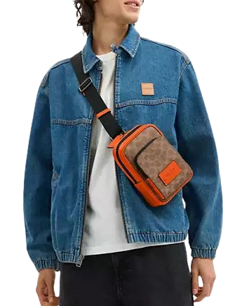 Coach Racer Sling Pack In Colorblock Signature Canvas Tan Spice Orange