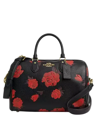 Coach Rowan Large Satchel Bag With Floral Print Black Red