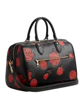 Coach Rowan Large Satchel Bag With Floral Print Black Red