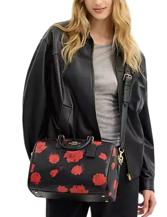 Coach Rowan Large Satchel Bag With Floral Print Black Red