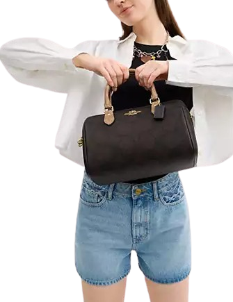 Coach Rowan Satchel Bag In Blocked Signature Canvas Walnut Tan