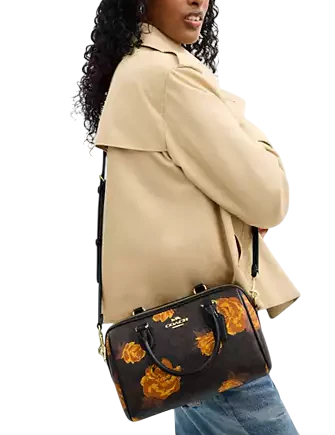 Coach Rowan Satchel Bag In Signature Canvas With Floral Print  Walnut Black 