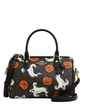Coach Rowan Satchel Bag In Signature Canvas With Halloween Print Walnut