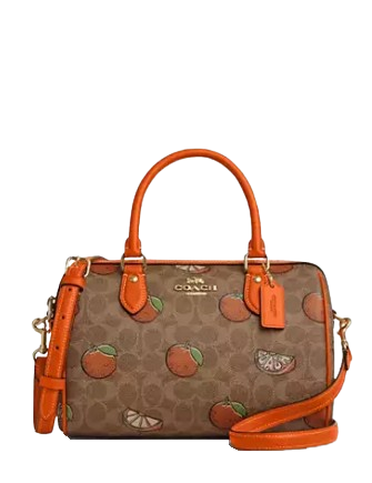 Coach Rowan Satchel Bag In Signature Canvas With Orange Print Tan