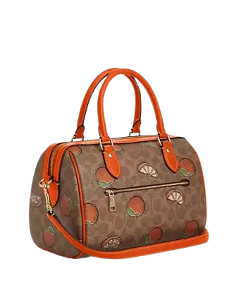 Coach Rowan Satchel Bag In Signature Canvas With Orange Print Tan