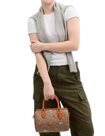 Coach Rowan Satchel Bag In Signature Canvas With Orange Print Tan