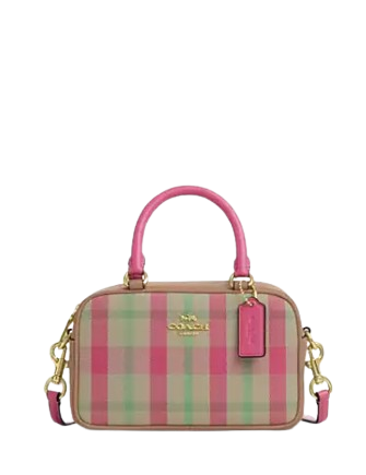Coach Satchel Crossbody Bag With Plaid Print Pink