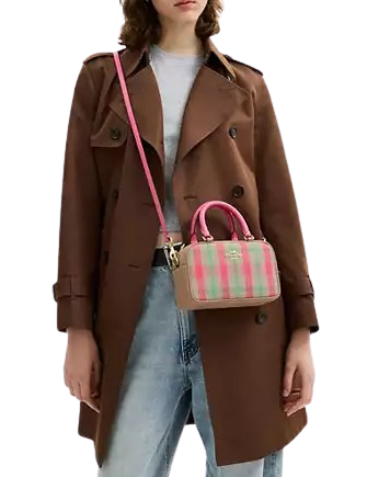 Coach Satchel Crossbody Bag With Plaid Print Pink
