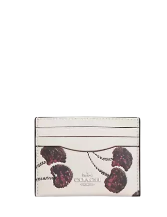 Coach Slim Id Card Case With Cherry Print Chalk