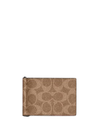 Coach Slim Money Clip Billfold Wallet In Signature Canvas Tan Black