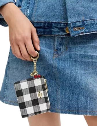 Coach Small Corner Zip Wallet With Gingham Print And Charms Black White