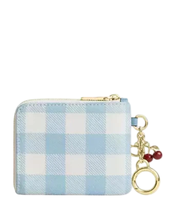 Coach Small Corner Zip Wallet With Gingham Print And Charms Blue White