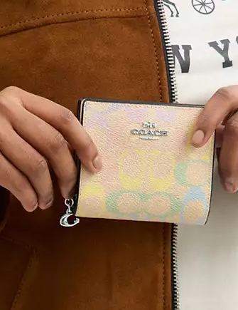 Coach Snap Wallet In Rainbow Signature Canvas Sand