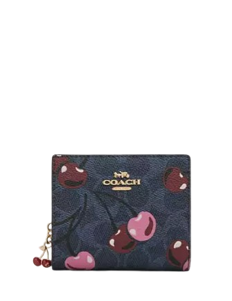 Coach Snap Wallet In Signature Canvas With Cherry Print Denim