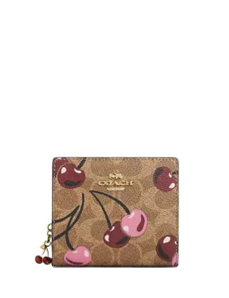 Coach Snap Wallet In Signature Canvas With Cherry Print Tan