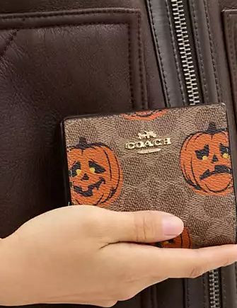Coach Snap Wallet In Signature Canvas With Halloween Print Tan