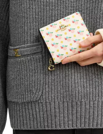 Coach Snap Wallet With Floral Print And Charm Chalk