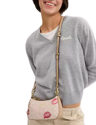 Coach Teri Mini Crossbody Bag In Signature Canvas With Lips Print Sand