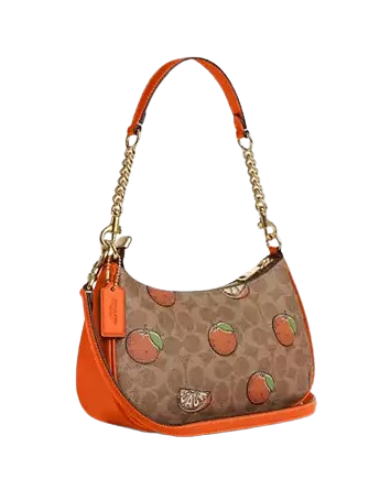 Coach Teri Shoulder Bag In Signature Canvas With Orange Print Tan