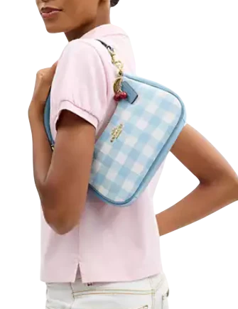 Coach Teri Shoulder Bag With Gingham Print And Charm Blue White