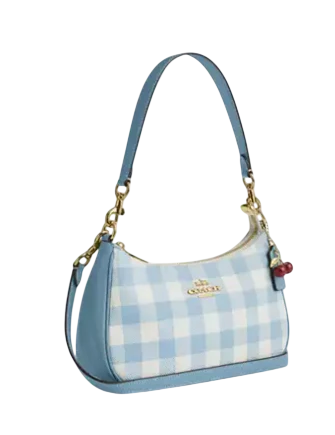 Coach Teri Shoulder Bag With Gingham Print And Charm Blue White