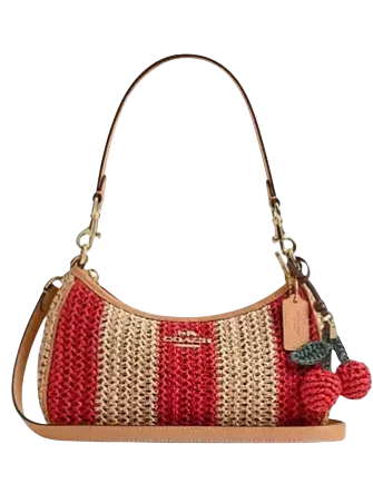Coach Teri Shoulder Bag With Stripes And Charm Red Tan
