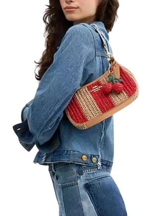 Coach Teri Shoulder Bag With Stripes And Charm Red Tan