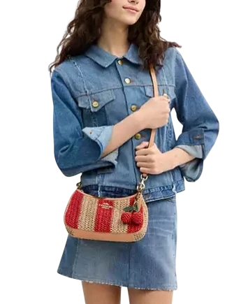 Coach Teri Shoulder Bag With Stripes And Charm Red Tan