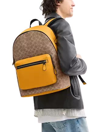 Coach West Backpack In Colorblock Signature Canvas Tan Buttercup