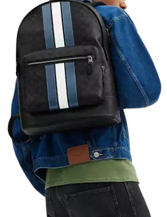 Coach West Backpack In Signature Canvas With Varsity Stripe Charcoal Denim Chalk