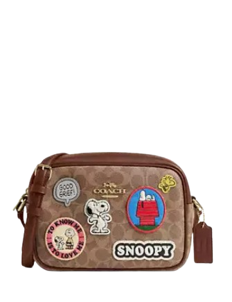 Coach X Peanuts Jamie Camera Bag In Signature Canvas With Patches Tan Brown 