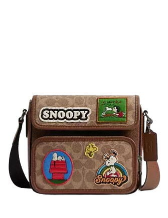 Coach X Peanuts Sullivan Flap Crossbody Bag In Signature Canvas With Patches Tan
