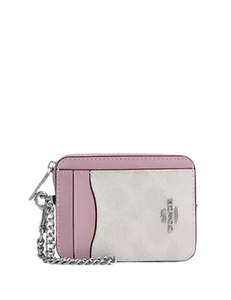Coach Zip Card Case In Signature Canvas Chalk Carnation 