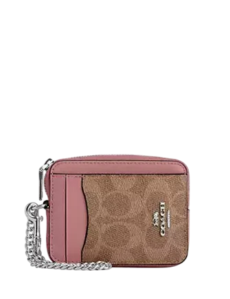Coach Zip Card Case In Signature Canvas Tan Dusty Pink