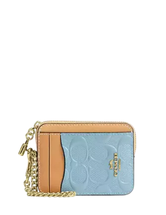 Coach Zip Card Case In Signature Leather With Charm Light Blue