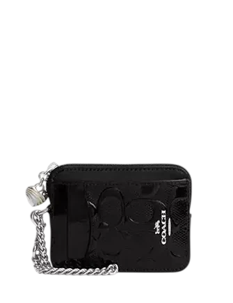 Coach Zip Card Case In Signature Leather With Heart Charm Black