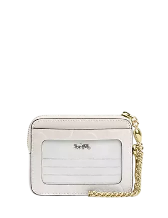 Coach Zip Card Case In Signature Leather With Heart Charm Chalk