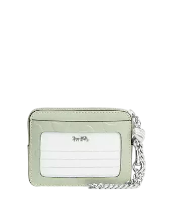 Coach Zip Card Case In Signature Leather With Heart Charm Pale Green