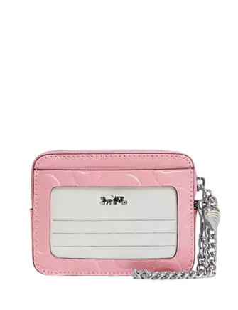 Coach Zip Card Case In Signature Leather With Heart Charm Pink