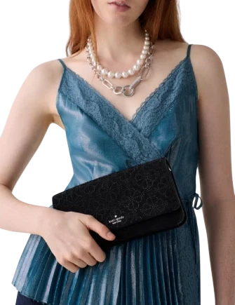 Kate Spade New York Ivy Spade Flower Crystal Suede Crossbody Bag Black 