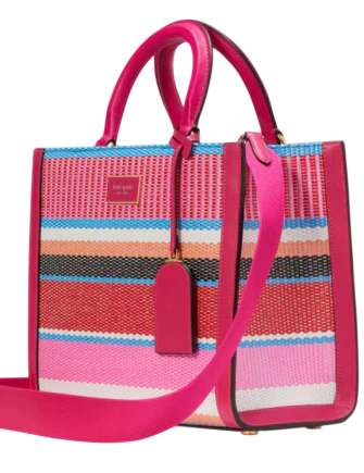 Kate Spade New York Manhattan Striped Woven Straw Small Tote  Wild Raspberry 