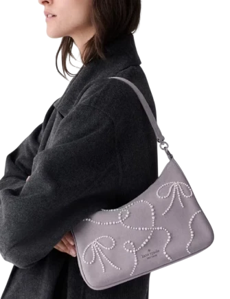Kate Spade New York Margot Pearl Bows Suede Medium Shoulder Bag Icy Lavender 