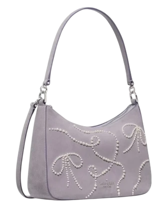 Kate Spade New York Margot Pearl Bows Suede Medium Shoulder Bag Icy Lavender 