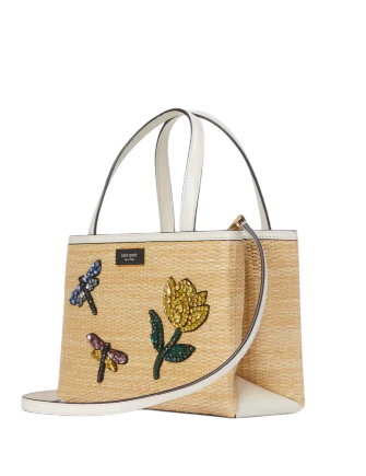 Kate Spade New York Sam Icon Dragonfly Embellished Straw Small Tote  Natural 