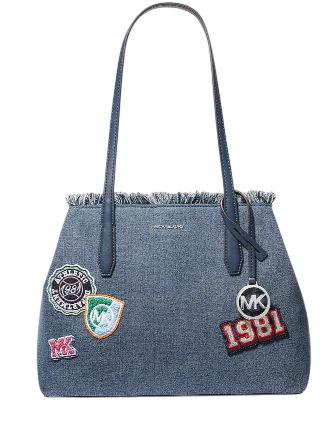 Michael Michael Kors Avalon Medium Embellished Denim Convertible Tote Bag Washed Denim