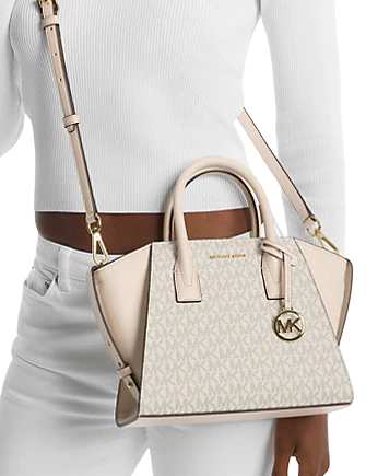 Michael Michael Kors Avril Small Logo and Leather Satchel  Light Cream 