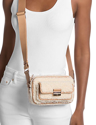Michael Michael Kors Bradshaw Extra-Small Faux Shearling Camera Crossbody Bag Peanut