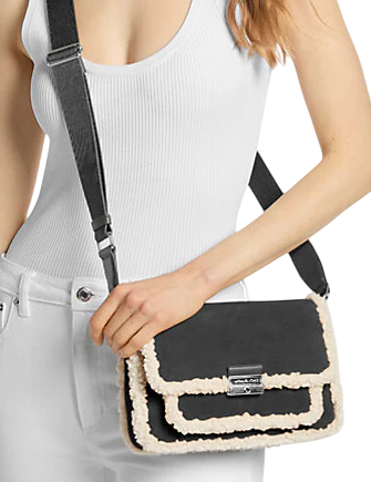 Michael Michael Kors Bradshaw Medium Suede and Faux Shearling Messenger Bag Black