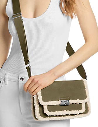 Michael Michael Kors Bradshaw Medium Suede and Faux Shearling Messenger Bag Olive